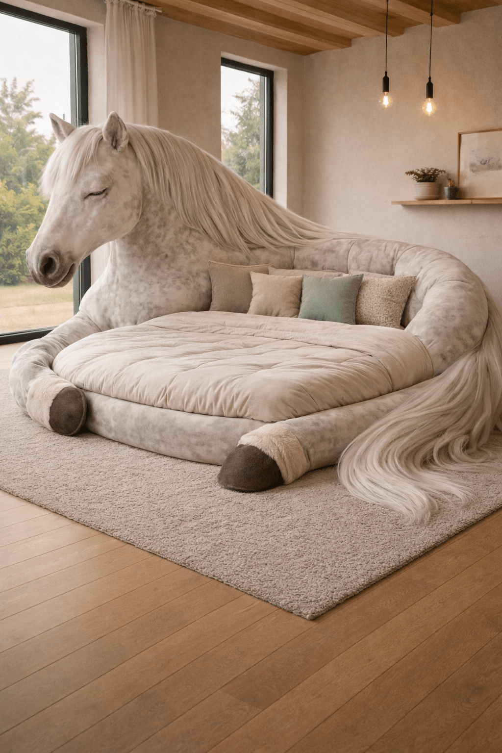 Cream-coloured horse-shaped luxury bed with soft cushions in a contemporary bedroom