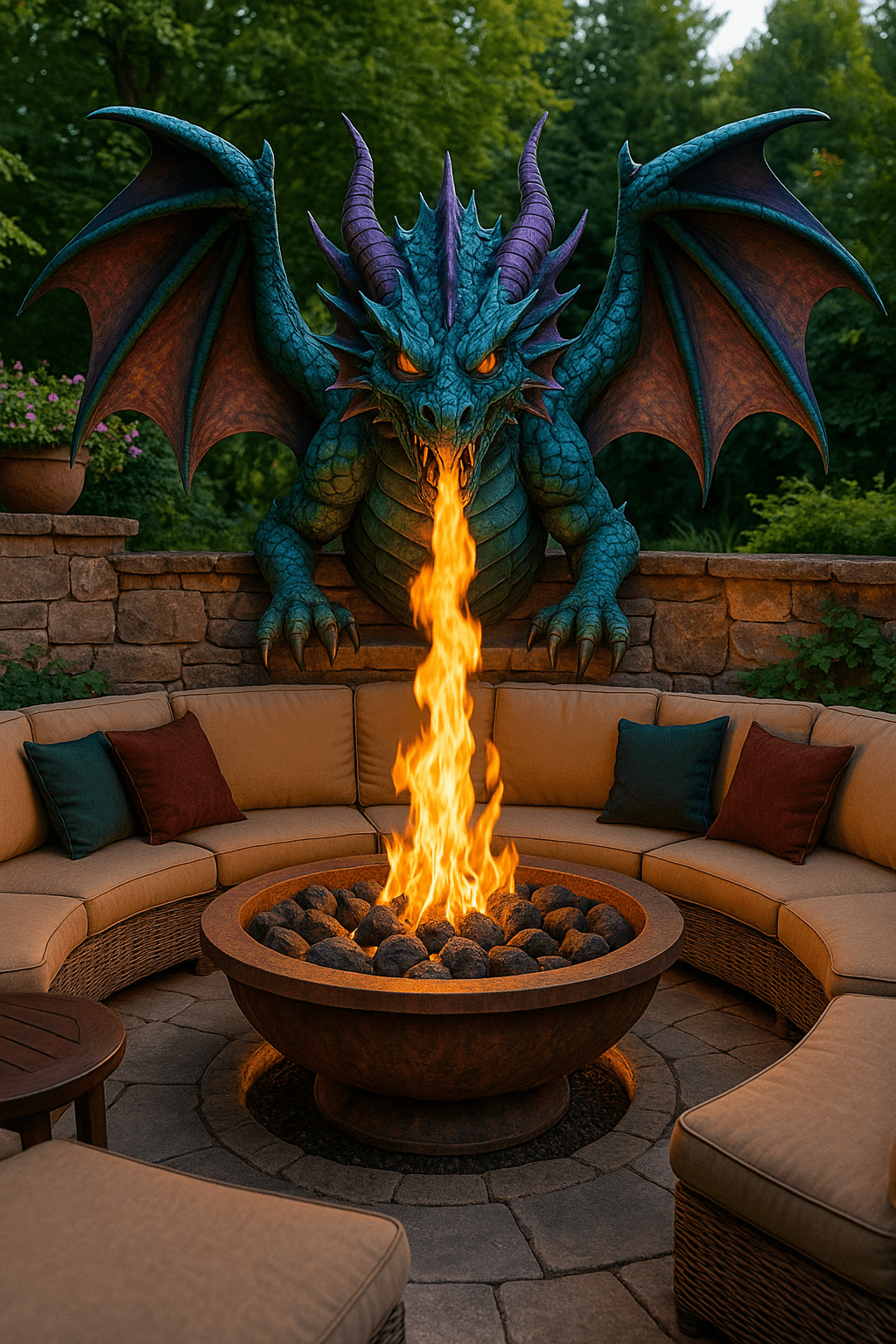 Dragon-shaped fire pit breathing flames into a circular garden seating area