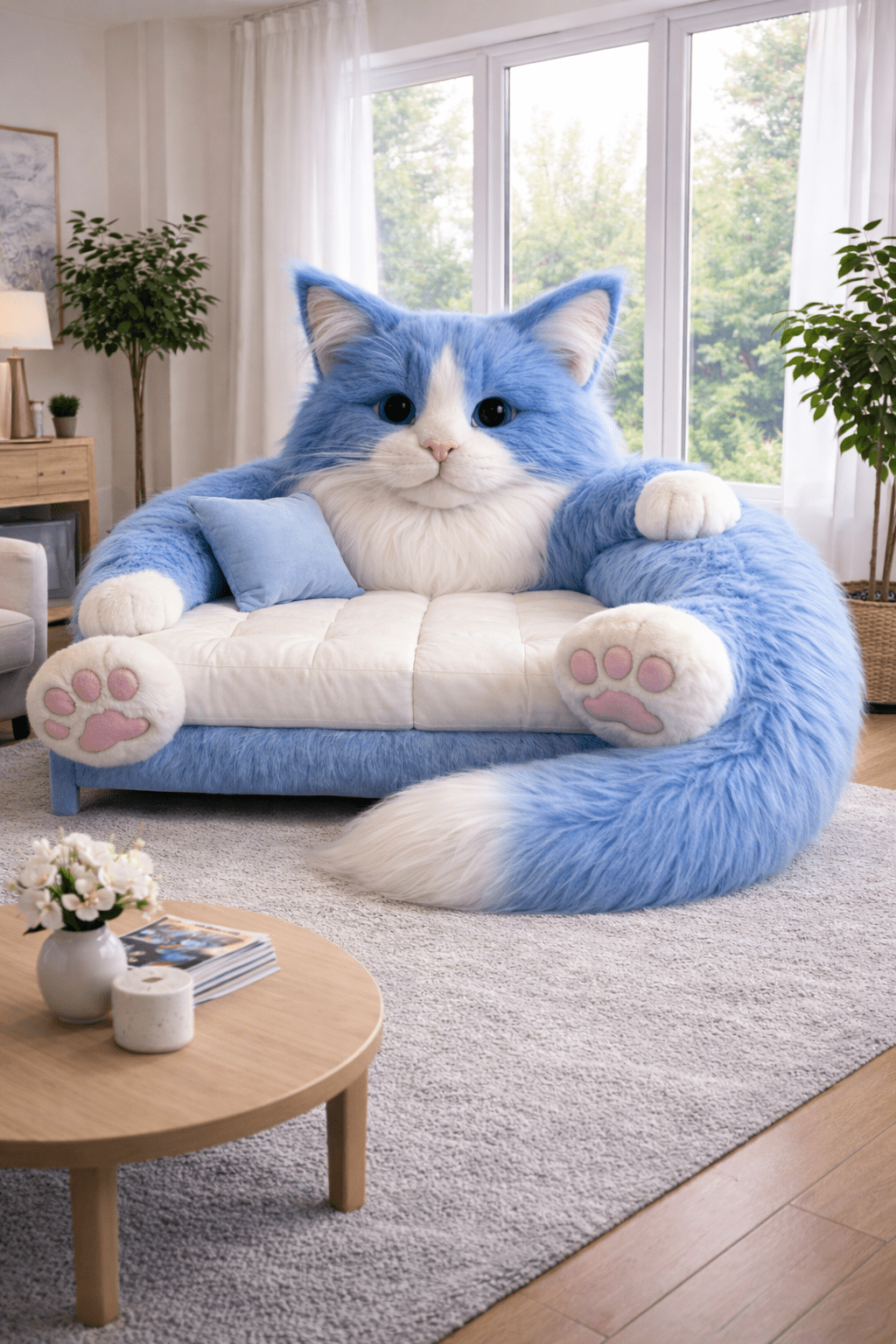 Oversized blue cat-shaped sofa with plush paws and tail in a bright modern living room