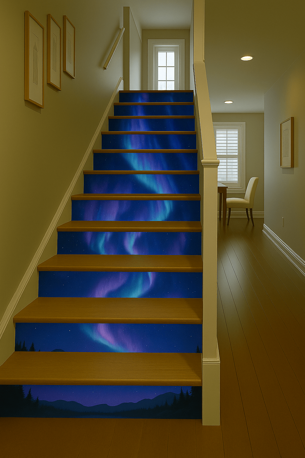 Aurora Borealis staircase design featuring blue and purple northern lights