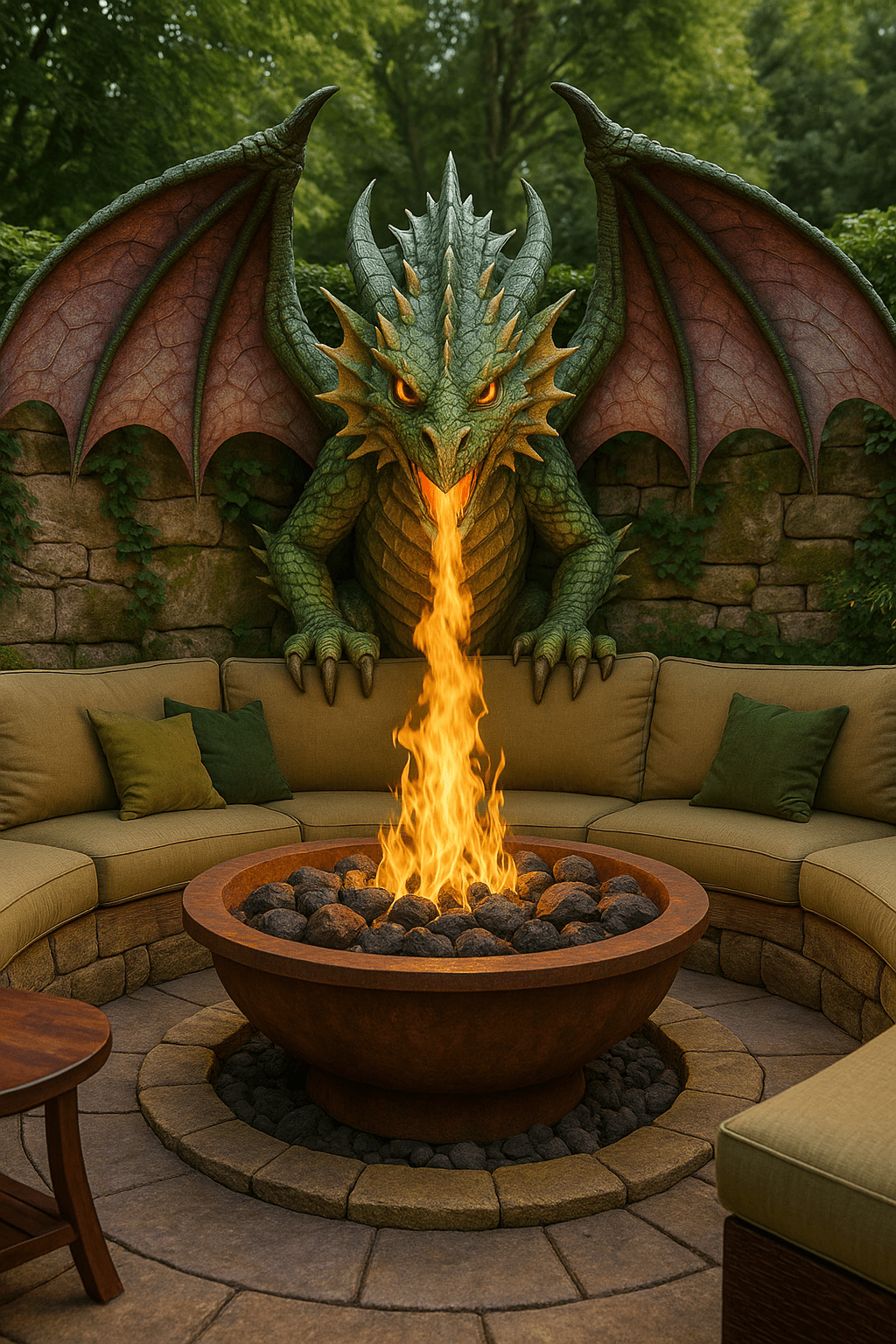 Dragon fire pit feature mounted on stone wall behind curved garden seating