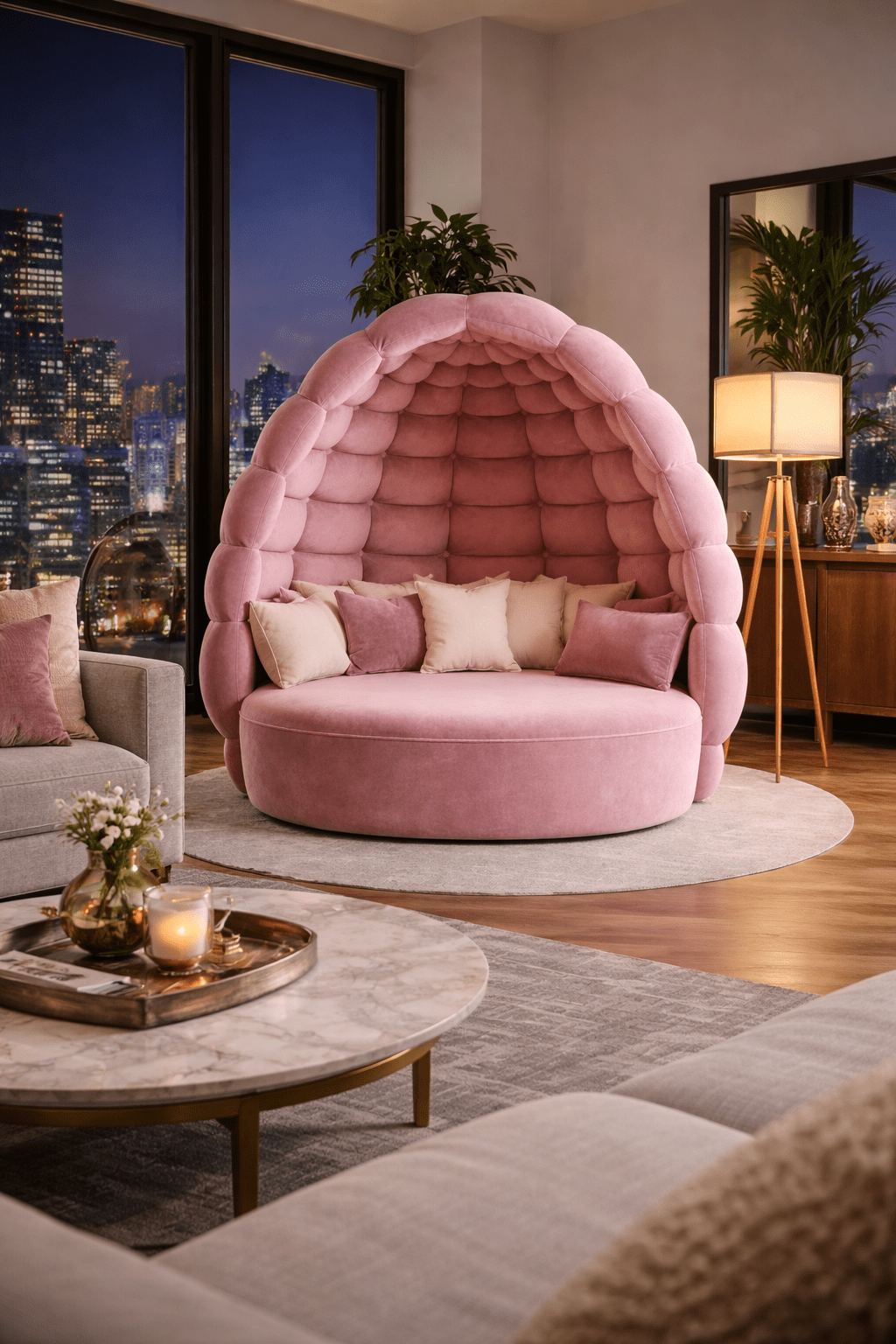 Blush pink oversized plush cocoon lounge chair styled in a modern living space