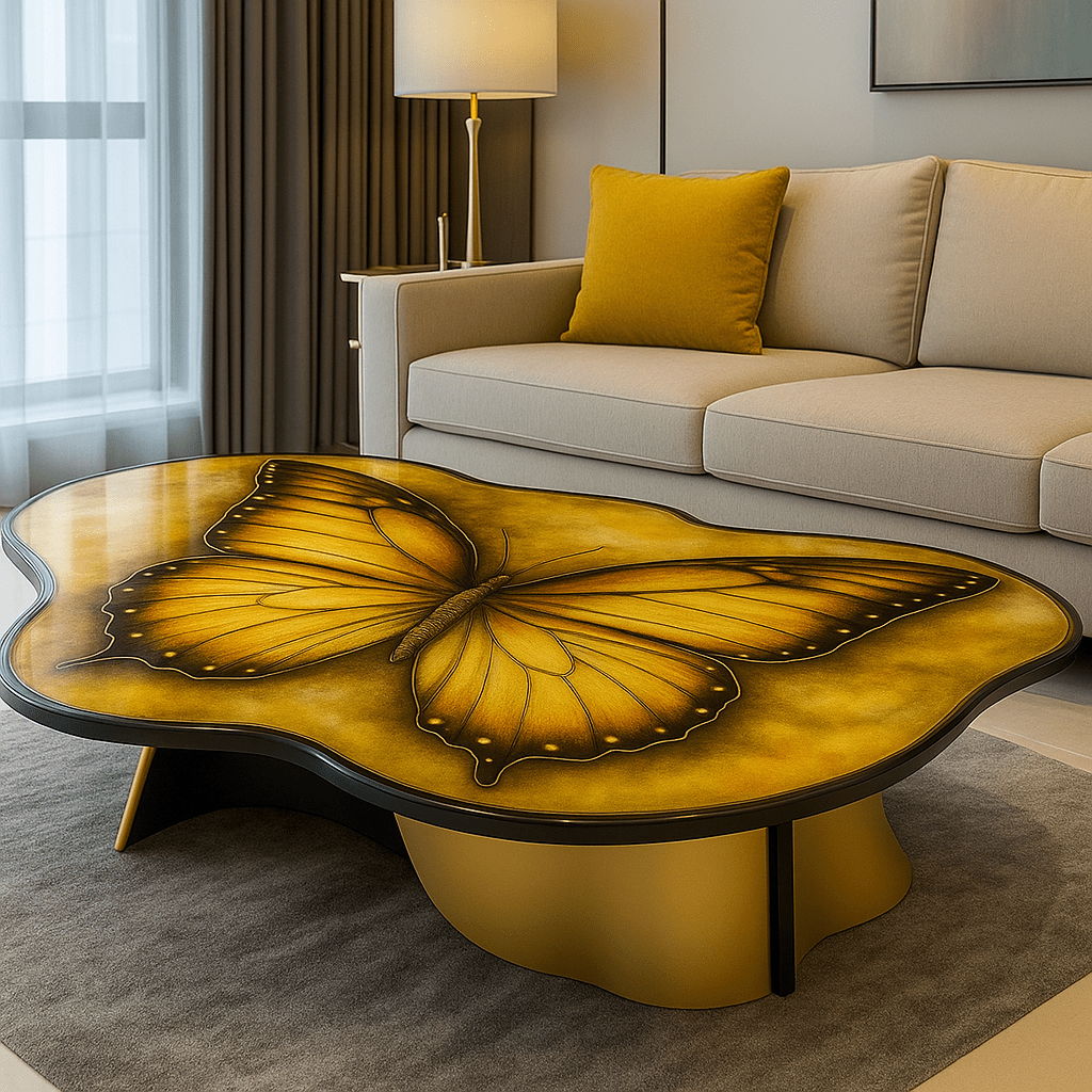 Golden yellow butterfly resin coffee table styled in a contemporary lounge