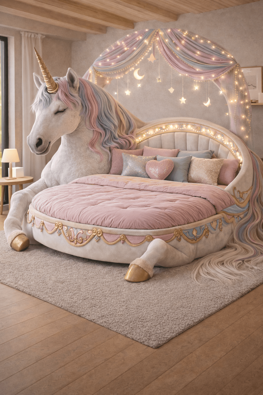 White unicorn bed with pastel rainbow mane and soft pink bedding