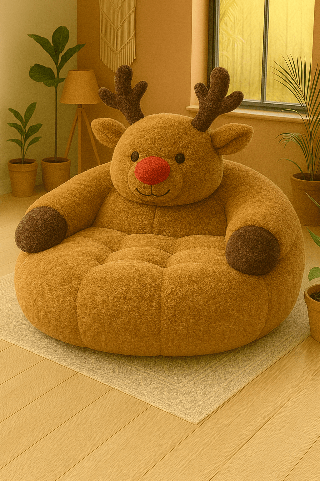 Large reindeer armchair with antlers and soft brown upholstery