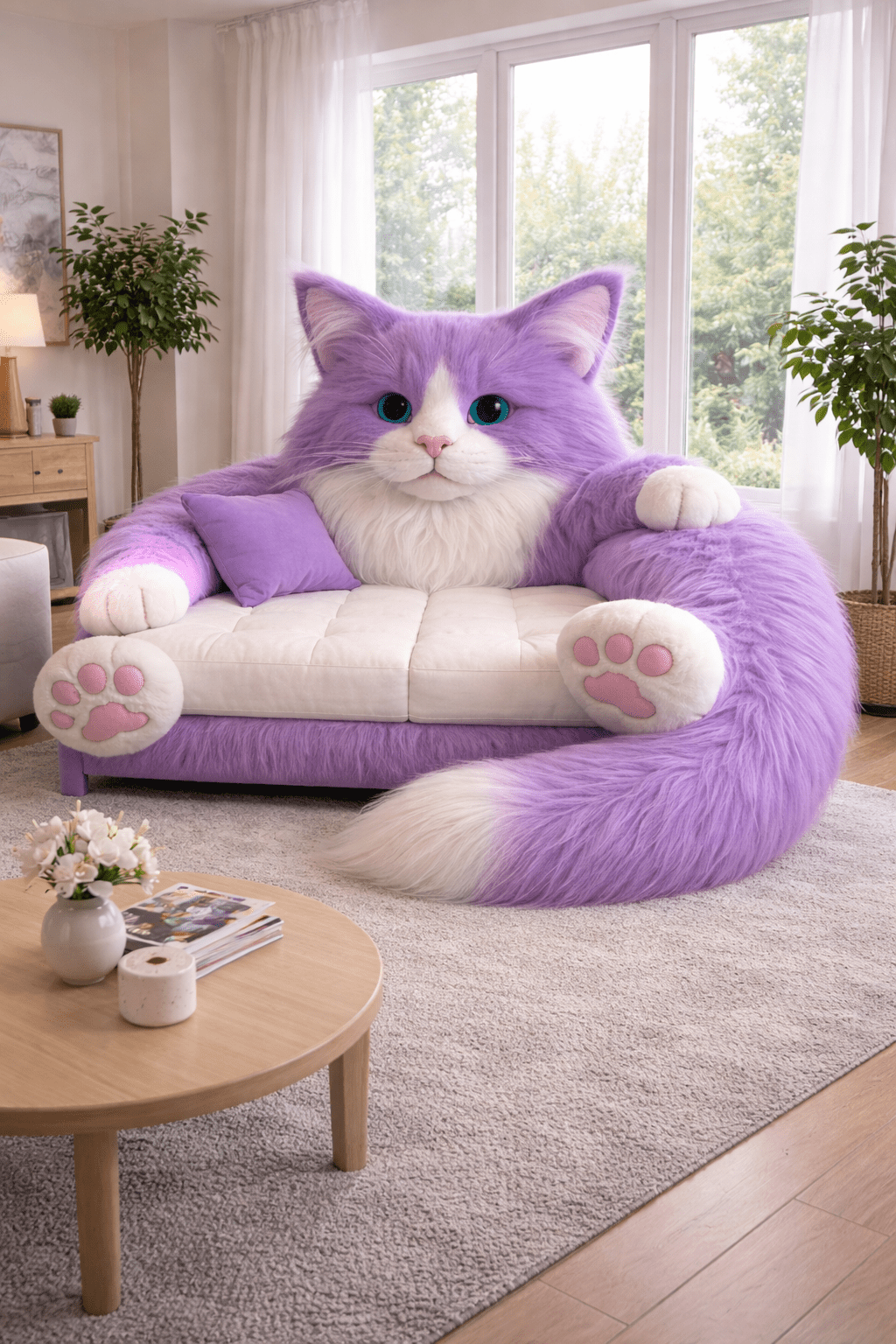 Pastel purple oversized cat-shaped sofa styled in a modern cosy living space