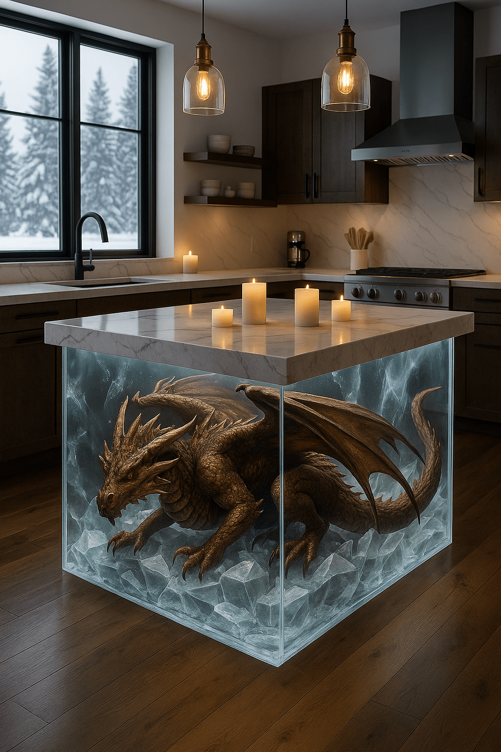 Ice resin kitchen island featuring a frozen dragon in a modern kitchen