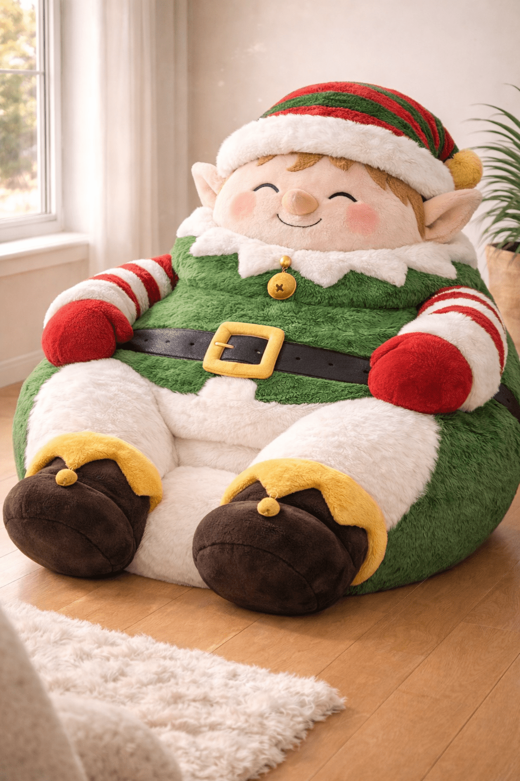 Green and red elf-themed oversized beanbag chair for Christmas interiors