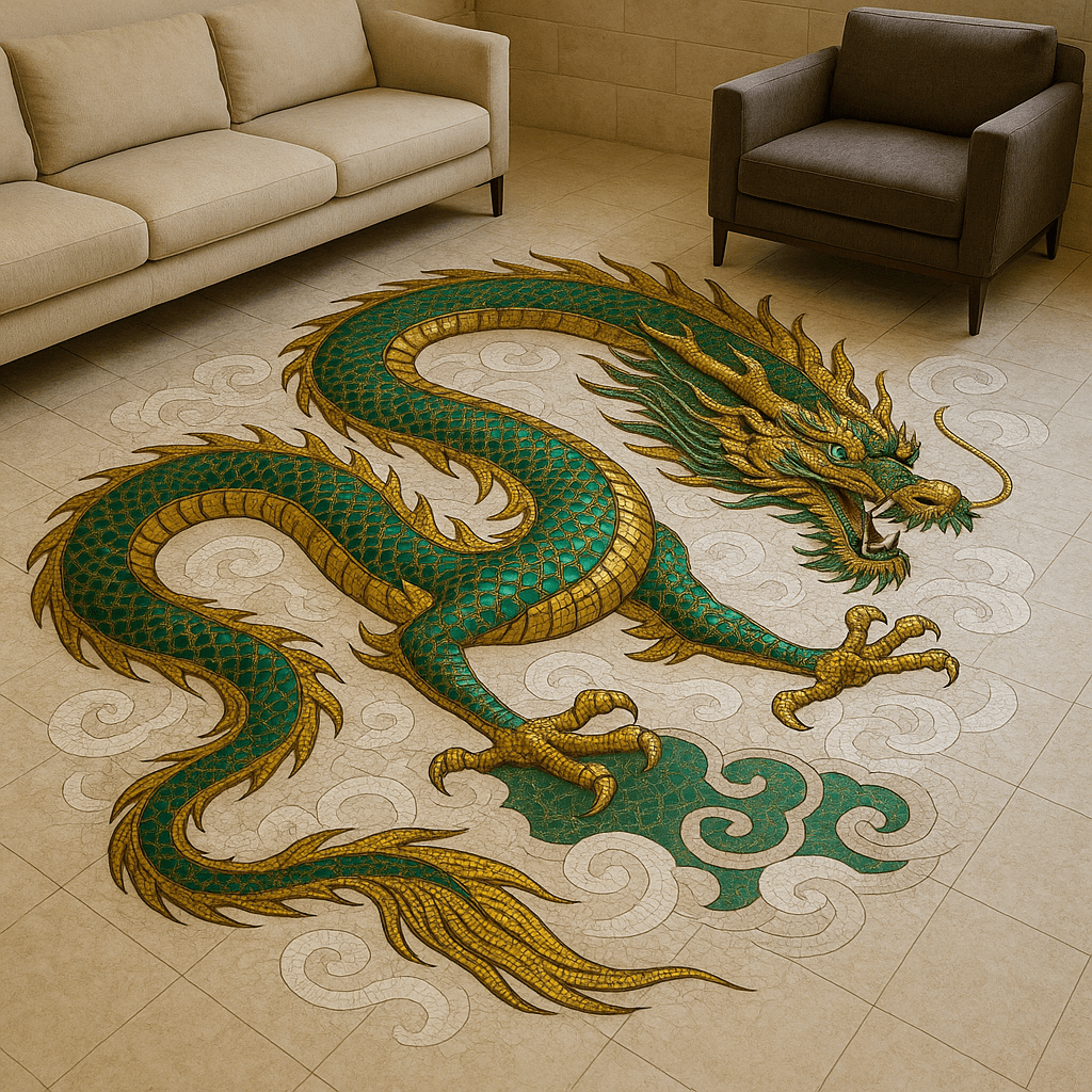 A green and gold dragon mosaic floor surrounded by cloud patterns in a modern living space.