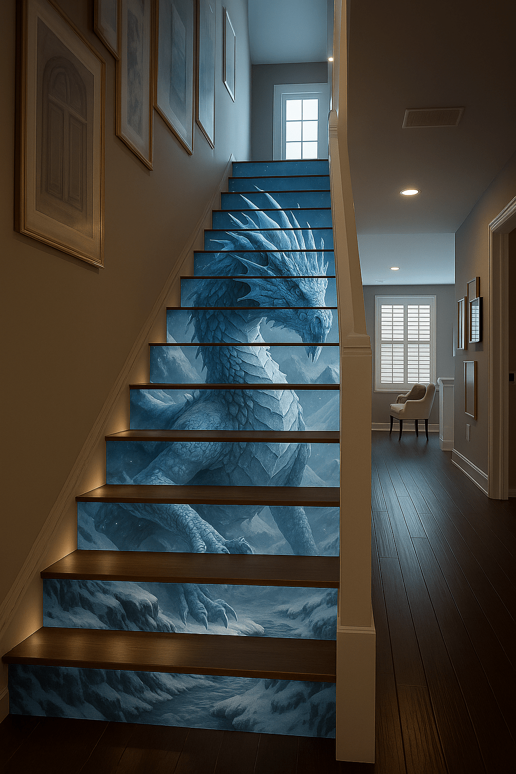 Icy dragon staircase art flowing across vinyl stair risers