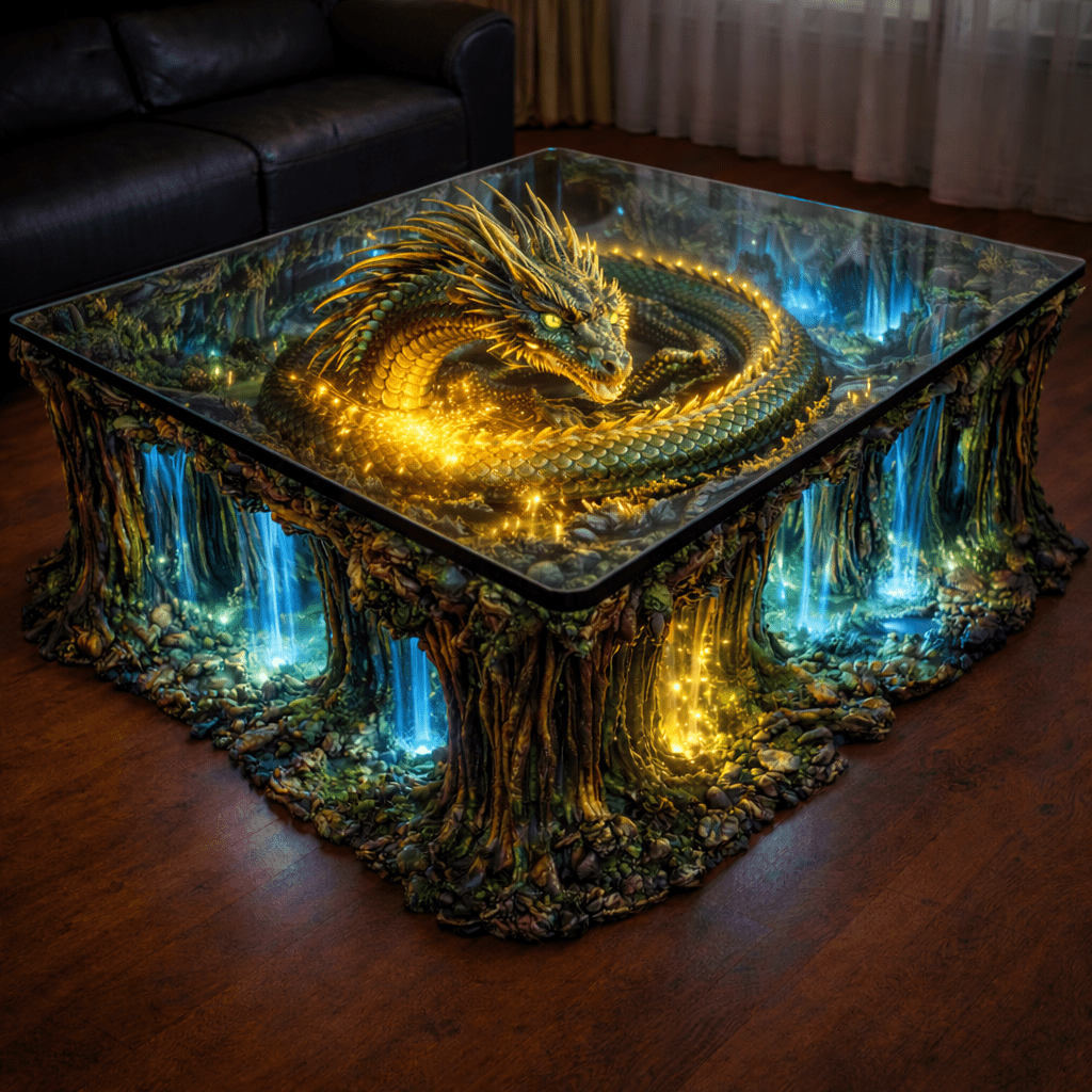 Enchanted dragon resin coffee table with golden dragon and glowing forest waterfalls