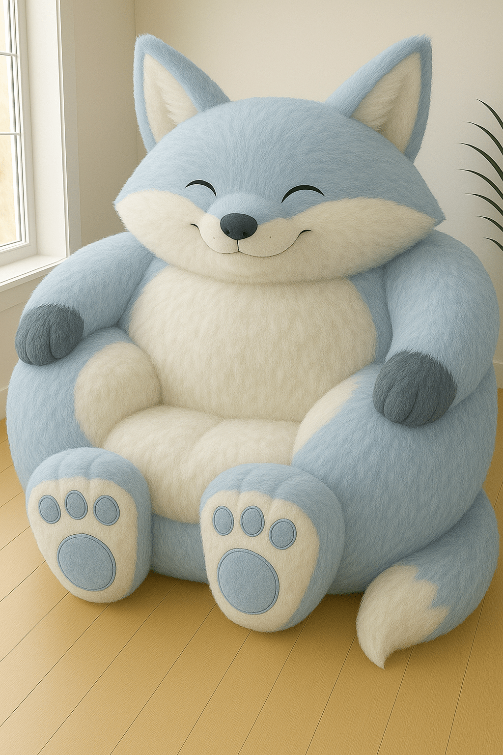 Soft blue oversized fox armchair with plush fur and cosy seating design