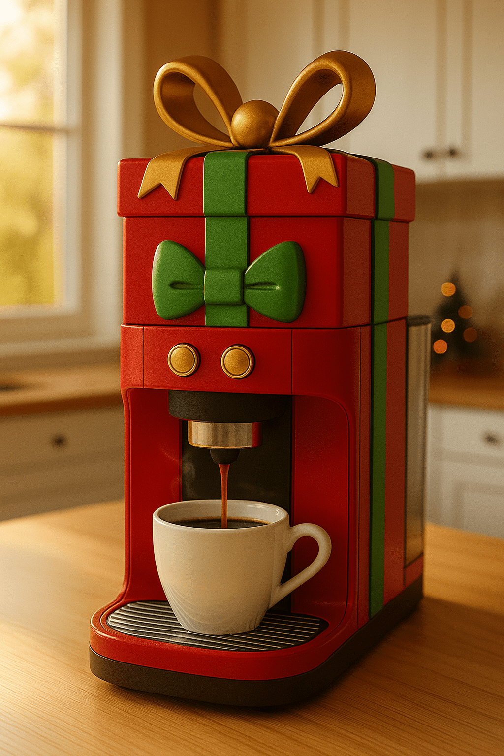 Red gift-shaped coffee machine with green ribbon brewing coffee on wooden kitchen counter