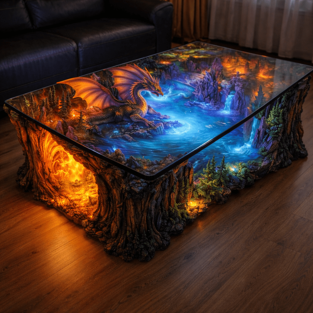 Fantasy dragon resin coffee table featuring fire caverns and blue water landscape