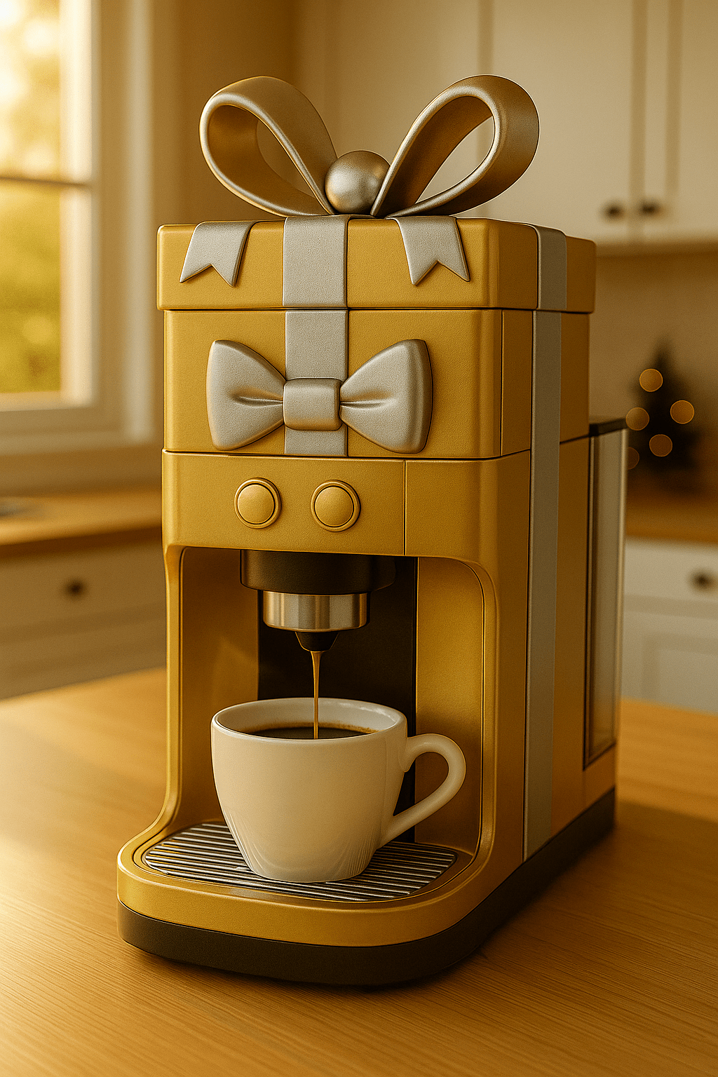 Gold gift-shaped coffee machine with bow design in warm modern kitchen