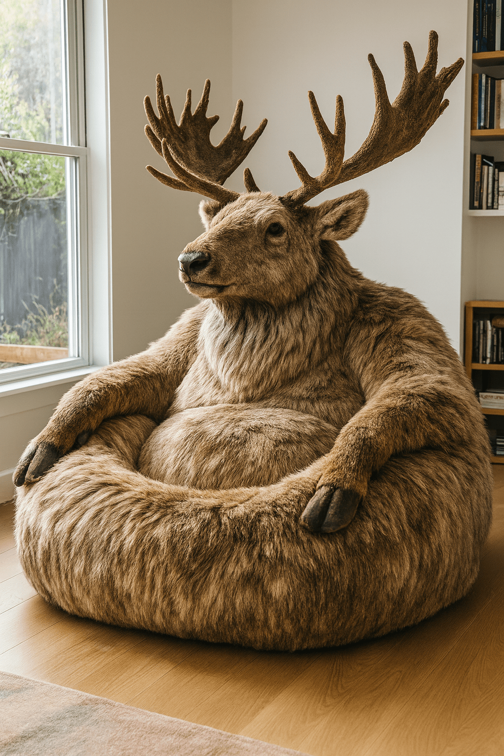 Brown oversized reindeer armchair with plush texture placed next to a window