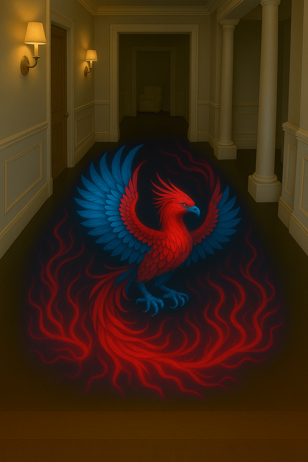 Phoenix hallway floor art with red flames and blue wings creating a dramatic illusion effect