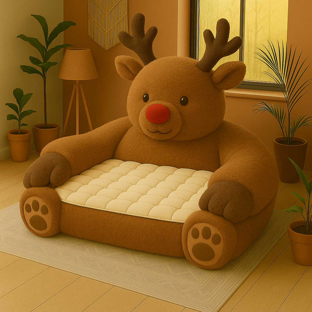 Oversized reindeer-shaped Christmas armchair with soft brown fabric and cosy cushions