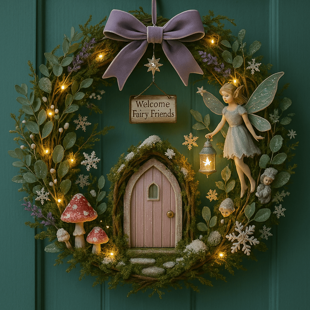 Pastel fairy Christmas wreath with a fairy holding a lantern and a purple fairy door