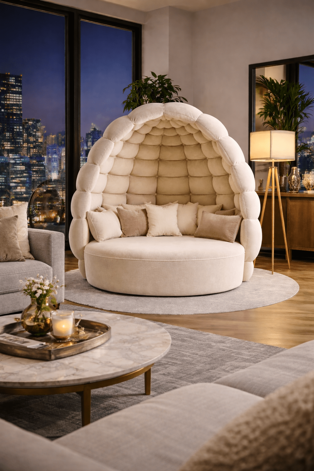 Cream oversized plush cocoon lounge chair with quilted back in a modern luxury living room