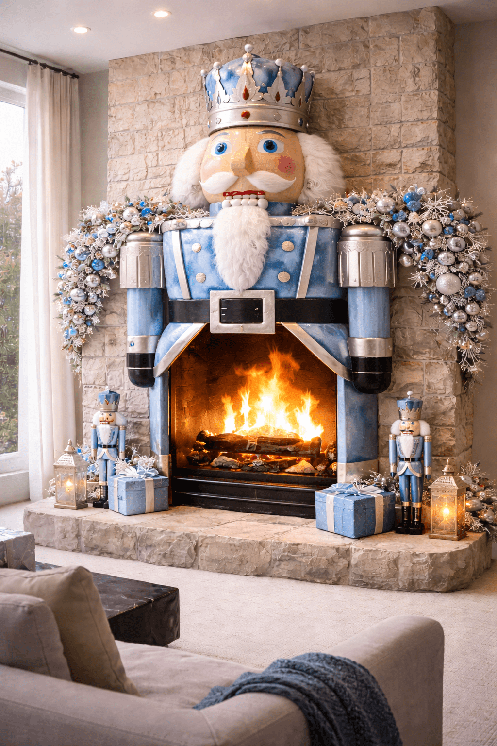 Blue nutcracker fireplace decorated with silver garlands and winter-themed Christmas décor