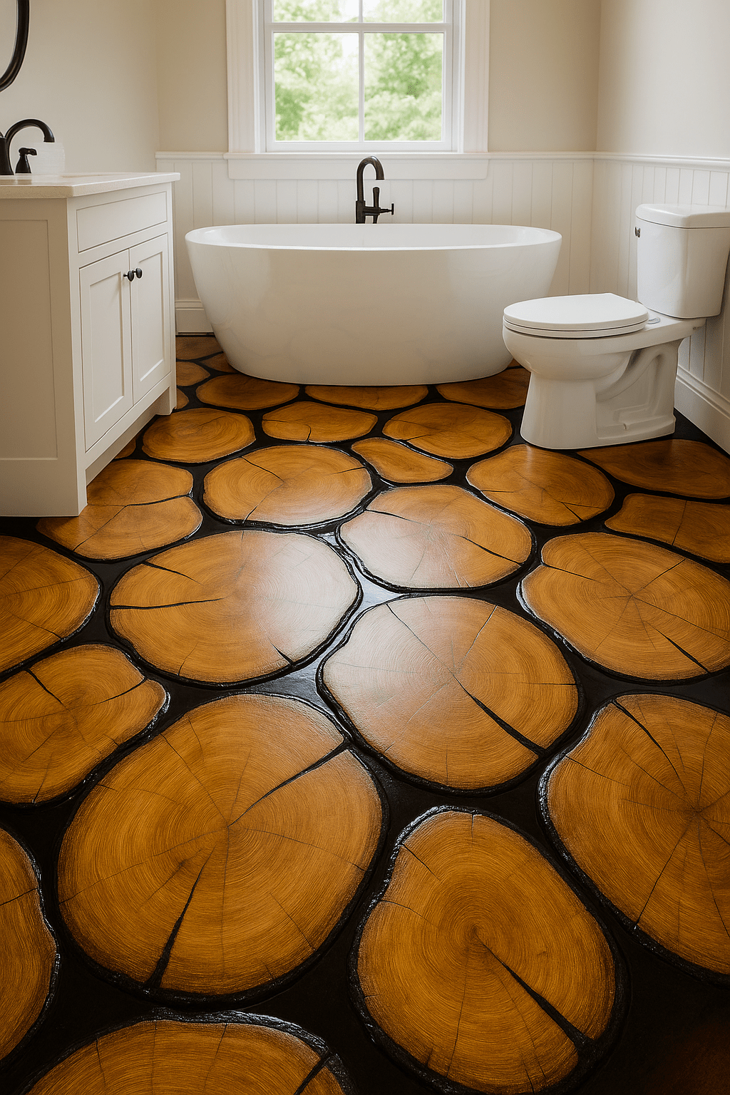 Bathroom interior showcasing sealed tree trunk wood slice flooring beneath freestanding bath