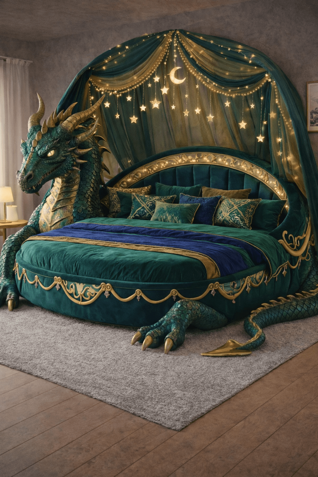 Emerald green dragon-shaped statement bed featuring celestial canopy and ornate gold detailing