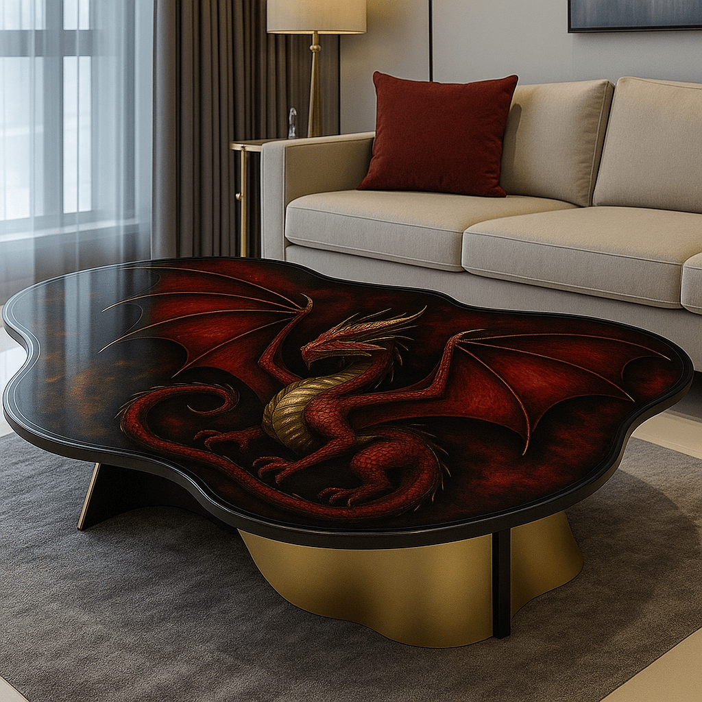 Dark red dragon resin coffee table with metallic dragon design in a modern lounge