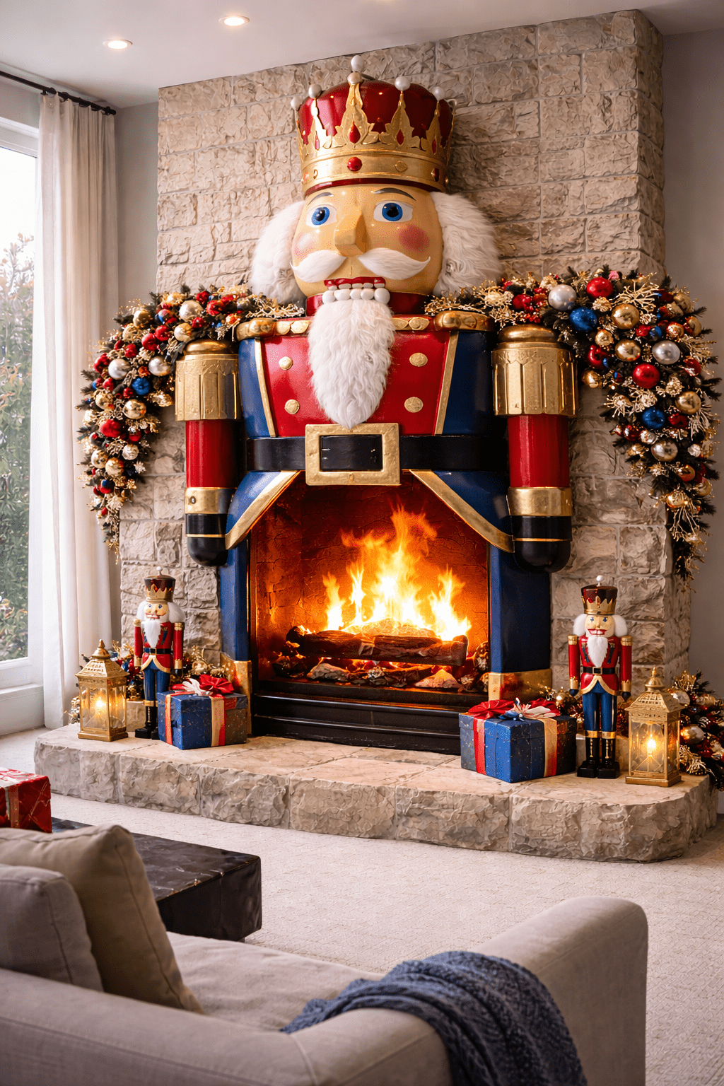 Traditional red nutcracker fireplace with festive garlands, gifts and warm fire