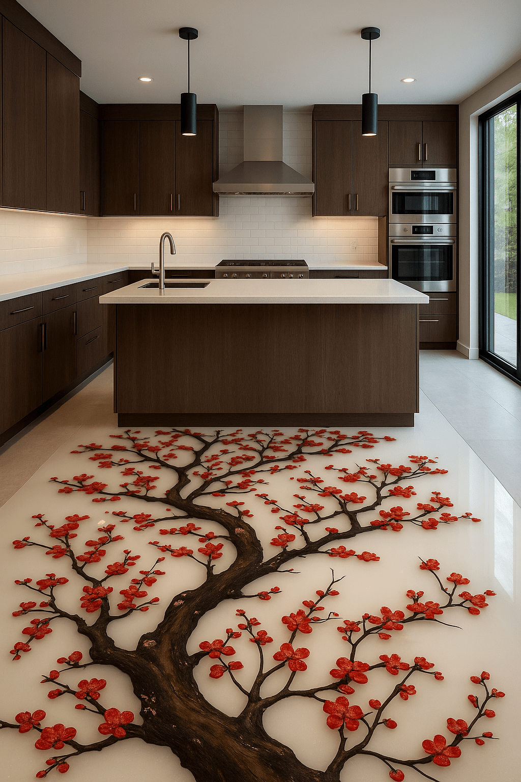 Luxury kitchen showcasing red floral resin floor and dark wood cabinetry
