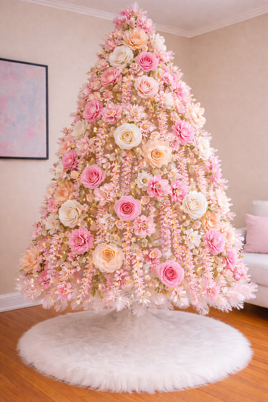 Elegant floral tree adorned with pink, peach, and ivory roses and cascading garlands