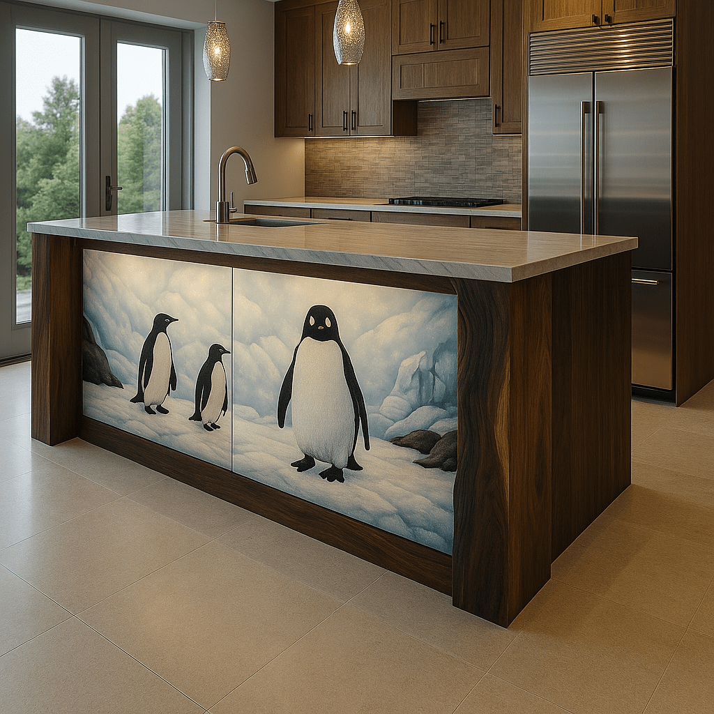 Contemporary penguin-themed kitchen island with stone countertop and soft lighting