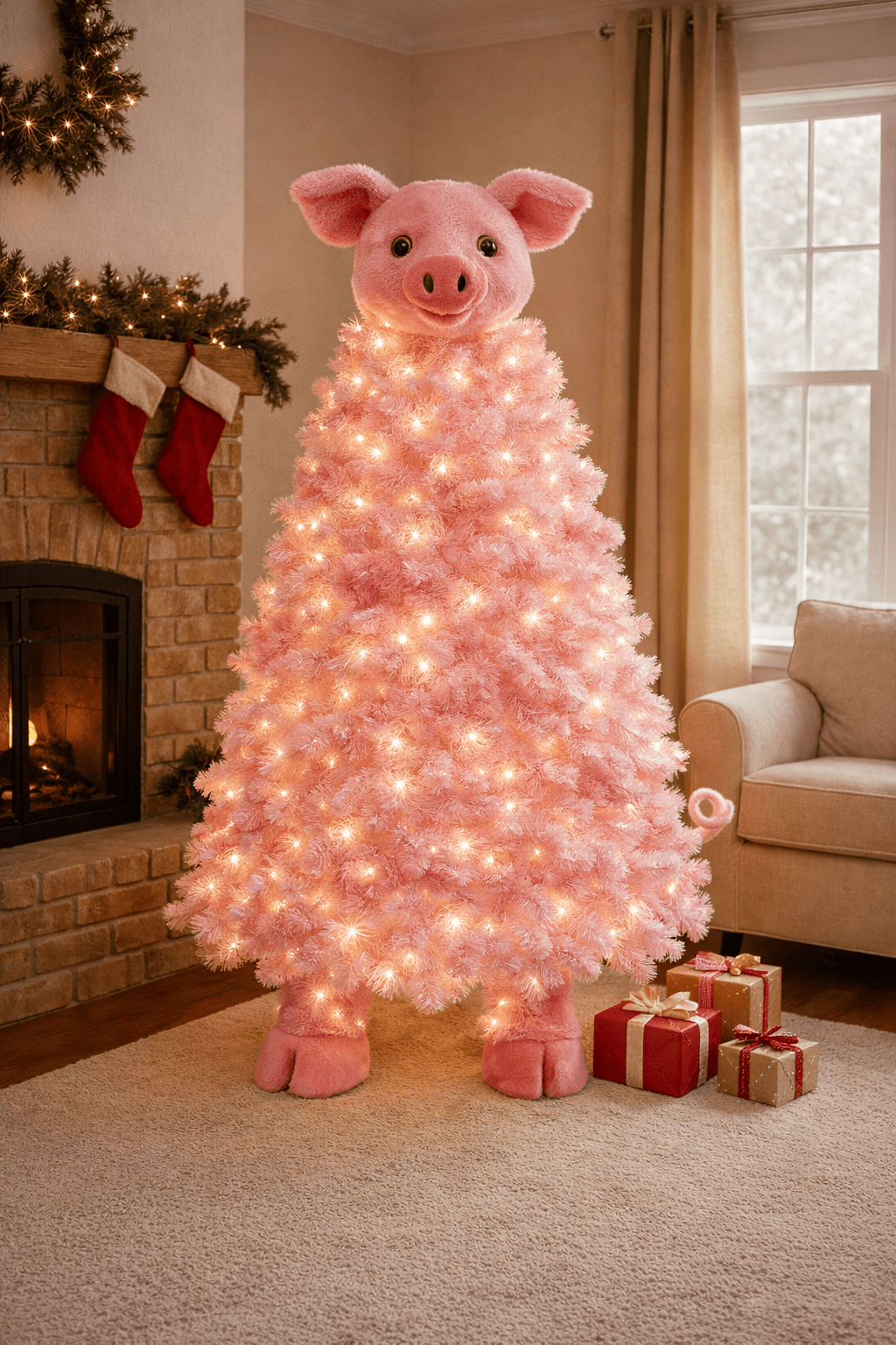 Pink pig-shaped Christmas tree glowing with warm lights beside wrapped gifts