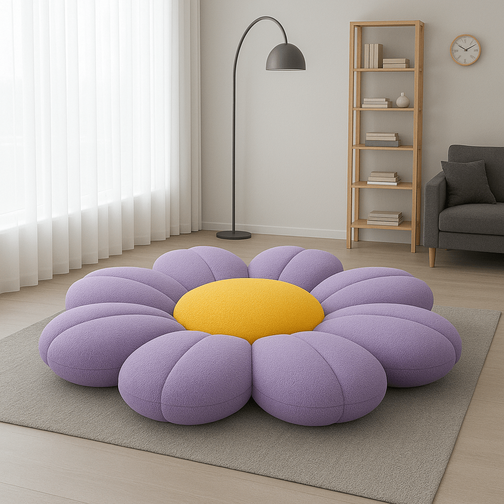 Oversized lavender flower-shaped floor cushion with yellow centre in a modern minimalist living room
