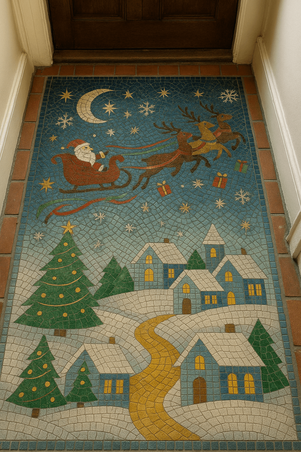 Santa sleigh mosaic floor showing reindeer flying over snowy village houses at night