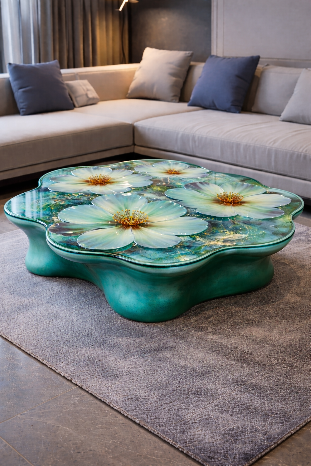 Turquoise floral resin coffee table featuring embedded flowers and sculpted edges