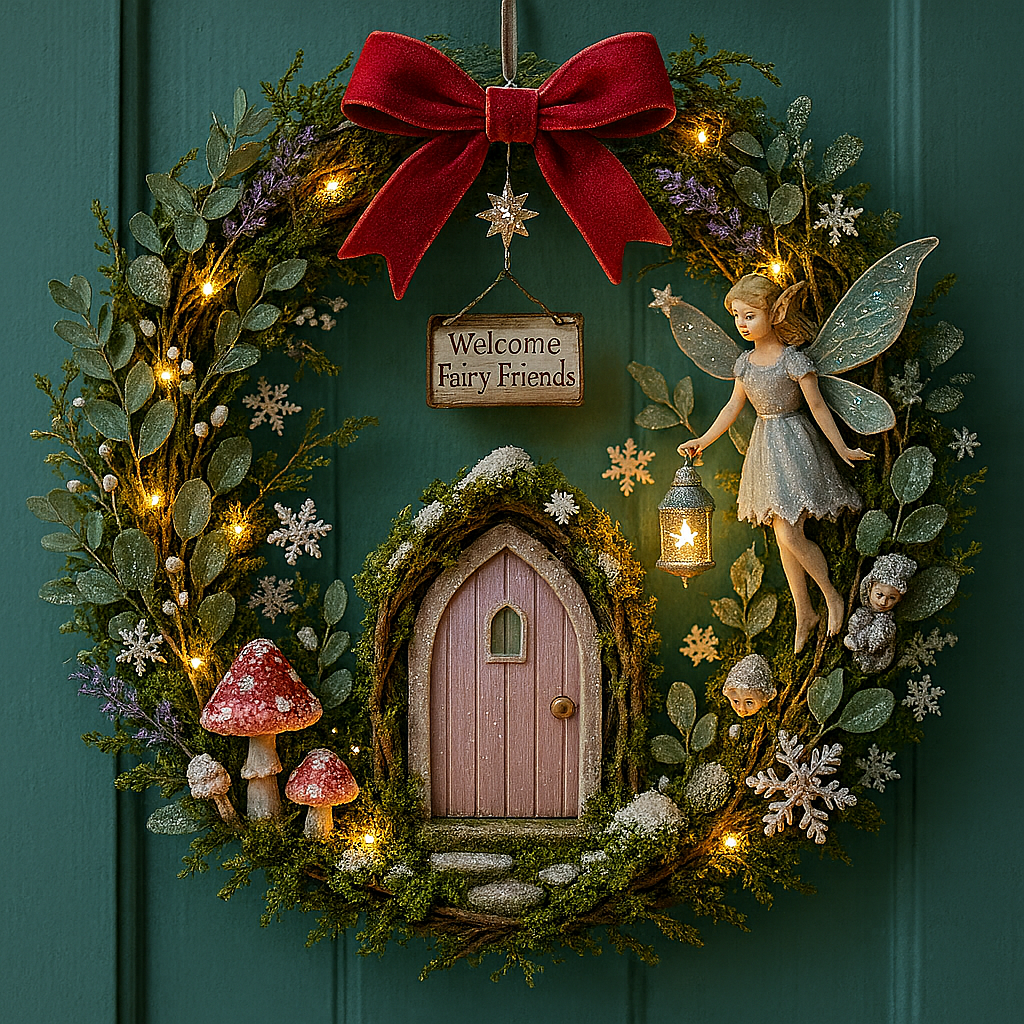 Enchanted fairy Christmas wreath featuring a pink fairy door, glowing lantern and woodland decorations
