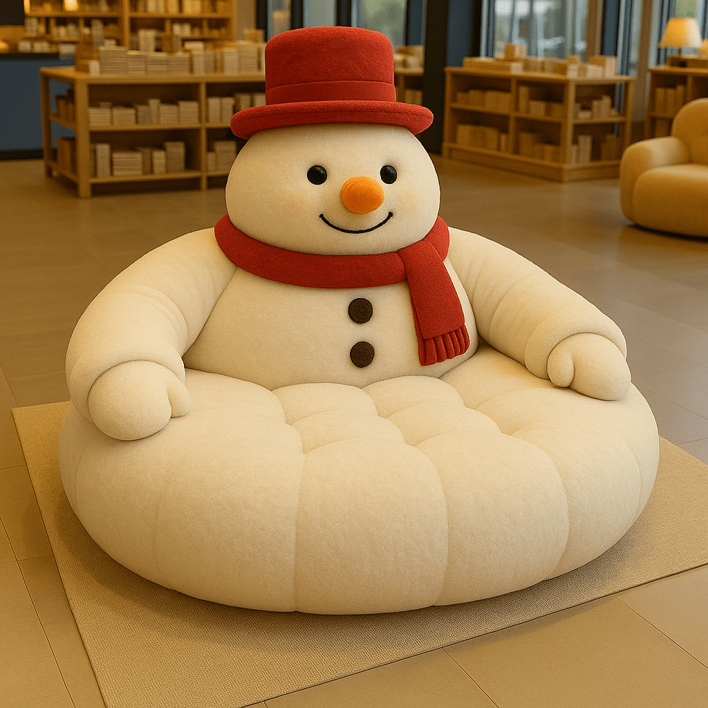 Oversized snowman armchair with red scarf and hat in festive interior
