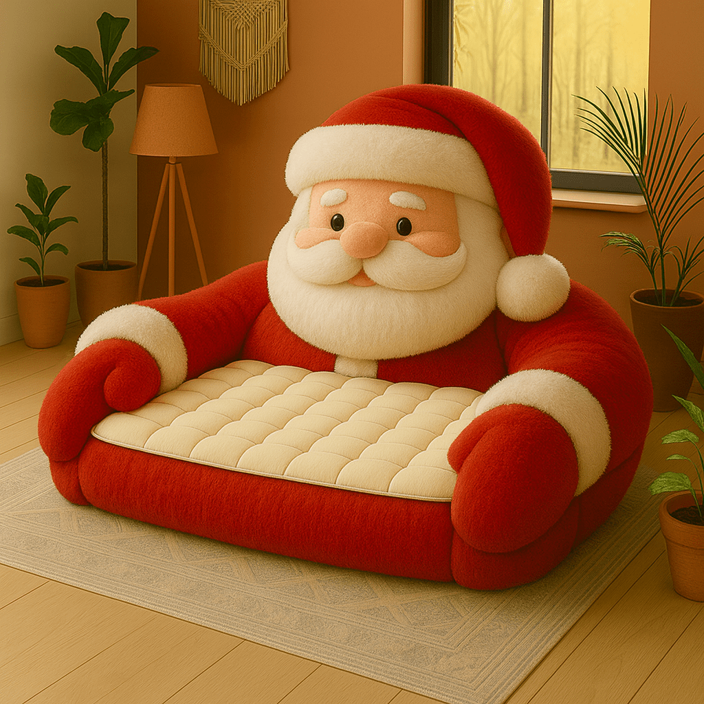 Giant Santa Claus Christmas armchair with red plush fabric and cushioned seating