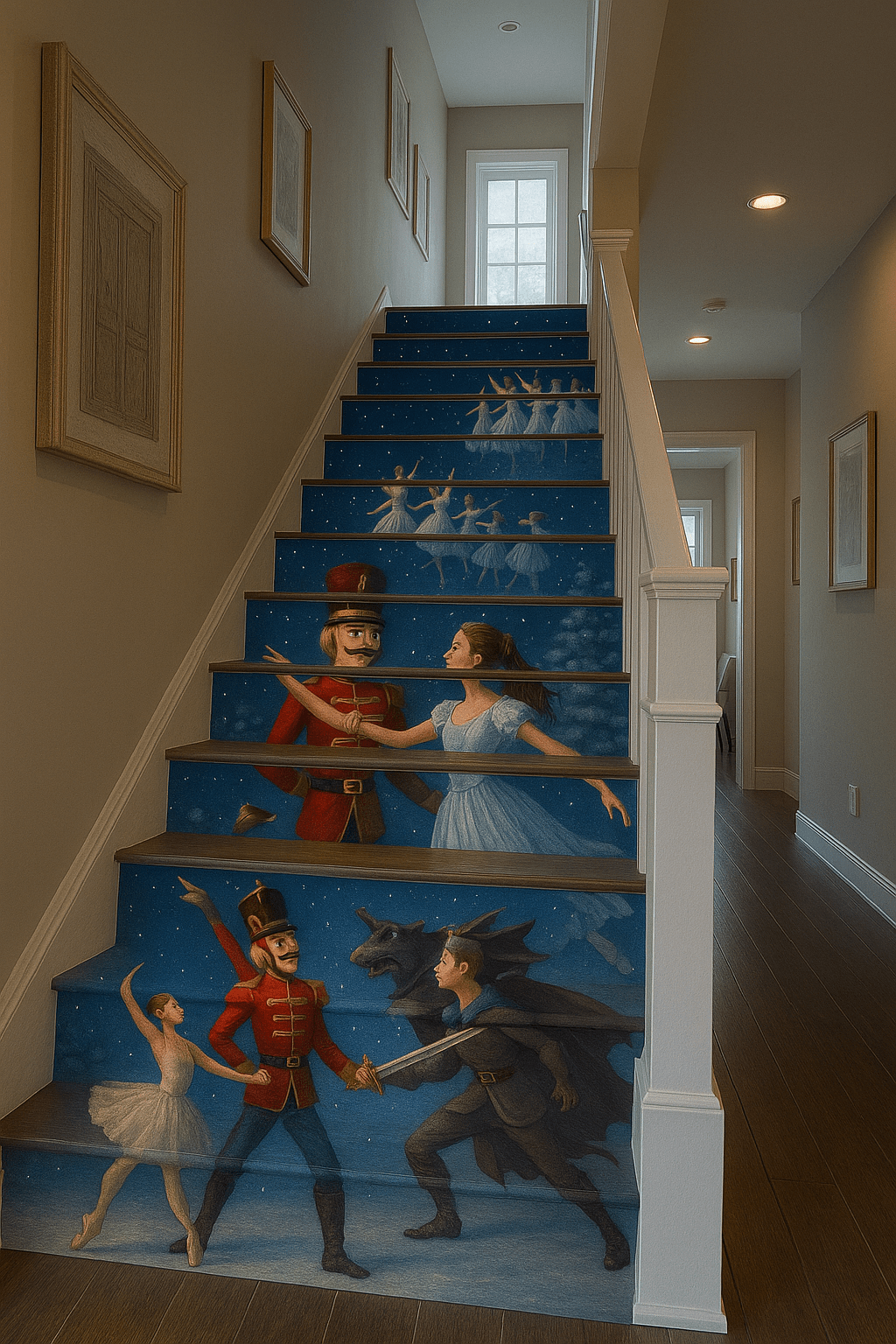 Nutcracker ballet staircase wall art with dancers and toy soldiers in a festive stair riser design