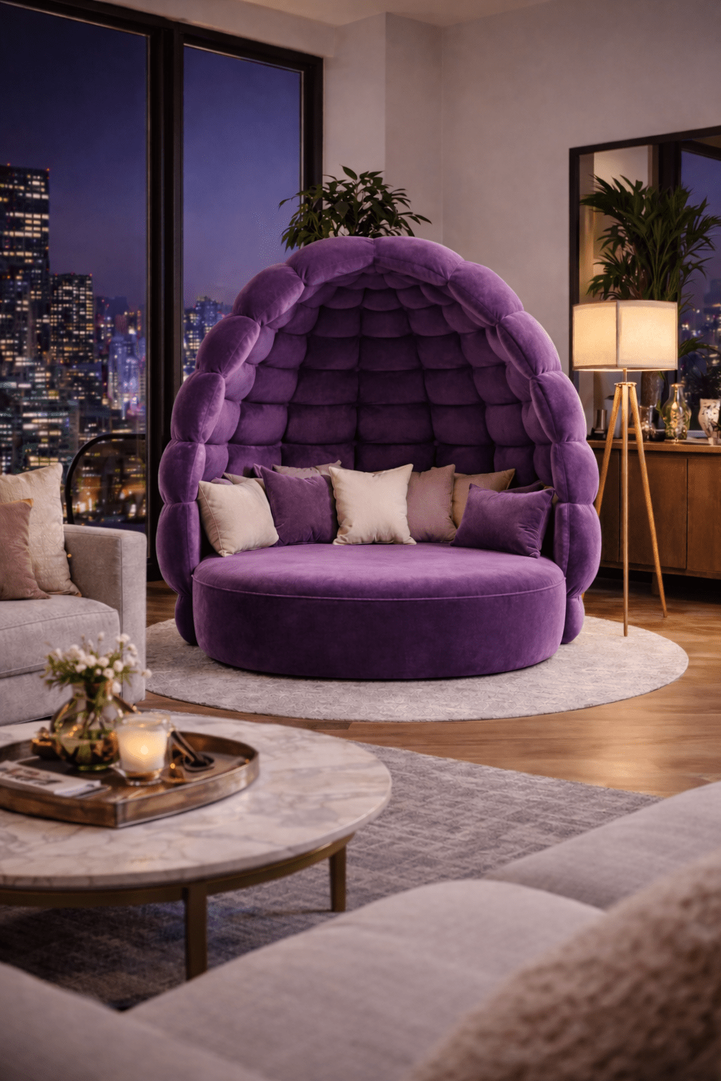 Purple oversized plush cocoon lounge chair with quilted upholstery in a luxury interior