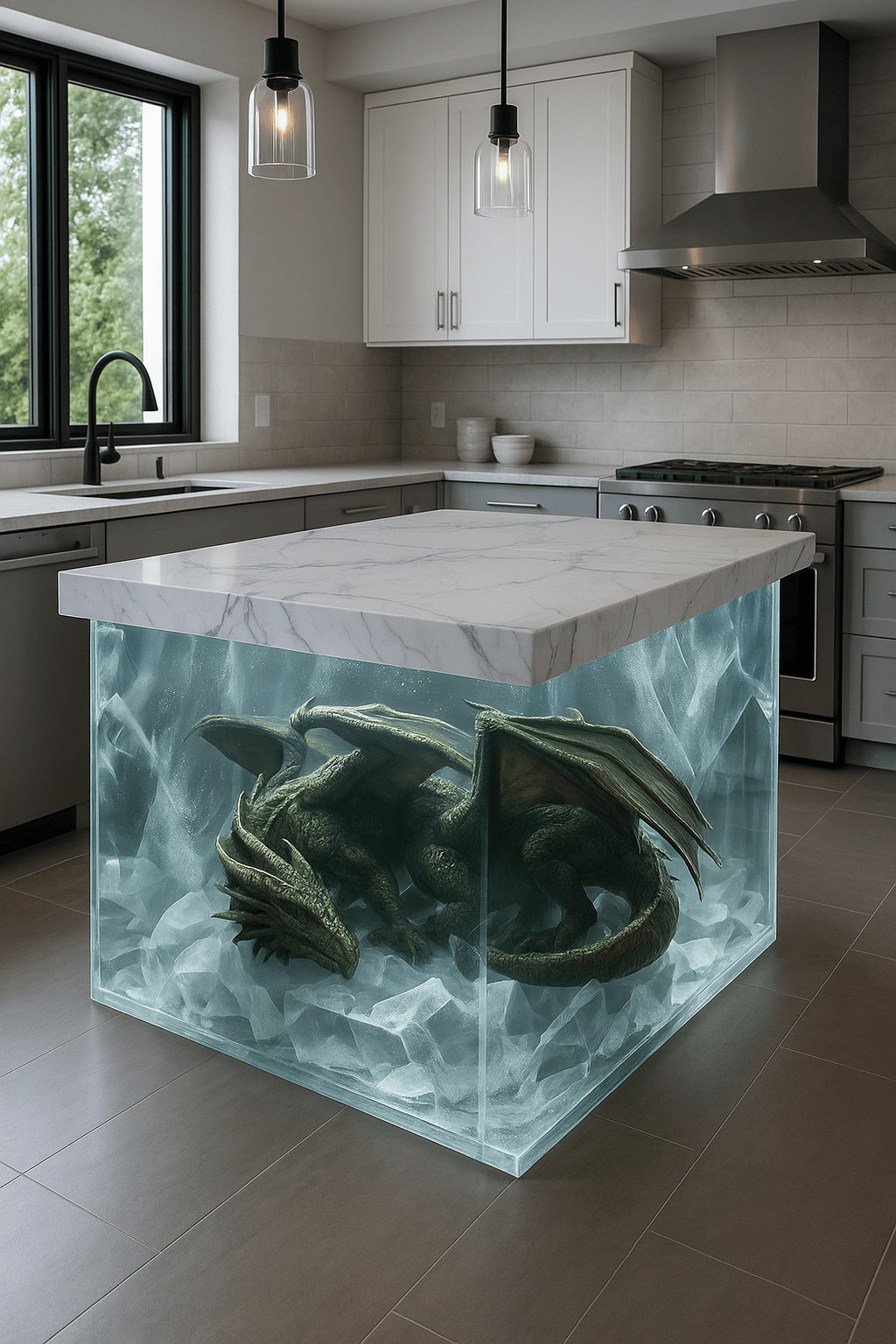 Dragon encased in ice resin kitchen island with modern marble countertop