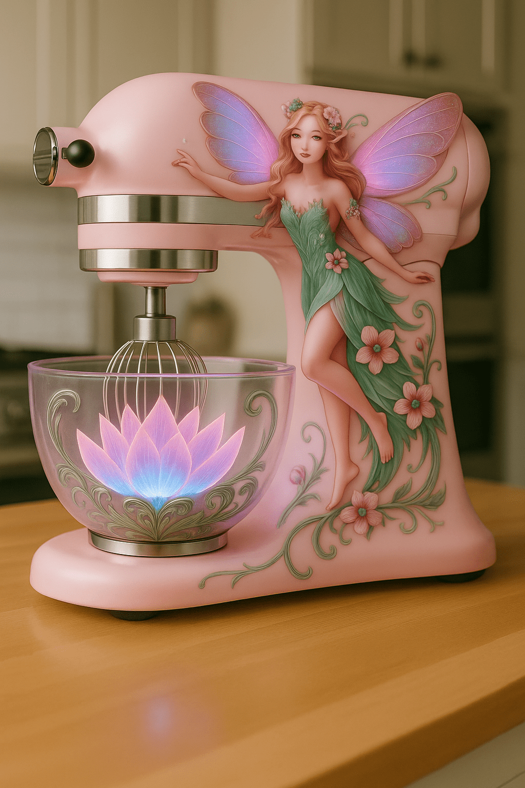 Pink fairy stand mixer with illuminated bowl and detailed floral fairy artwork