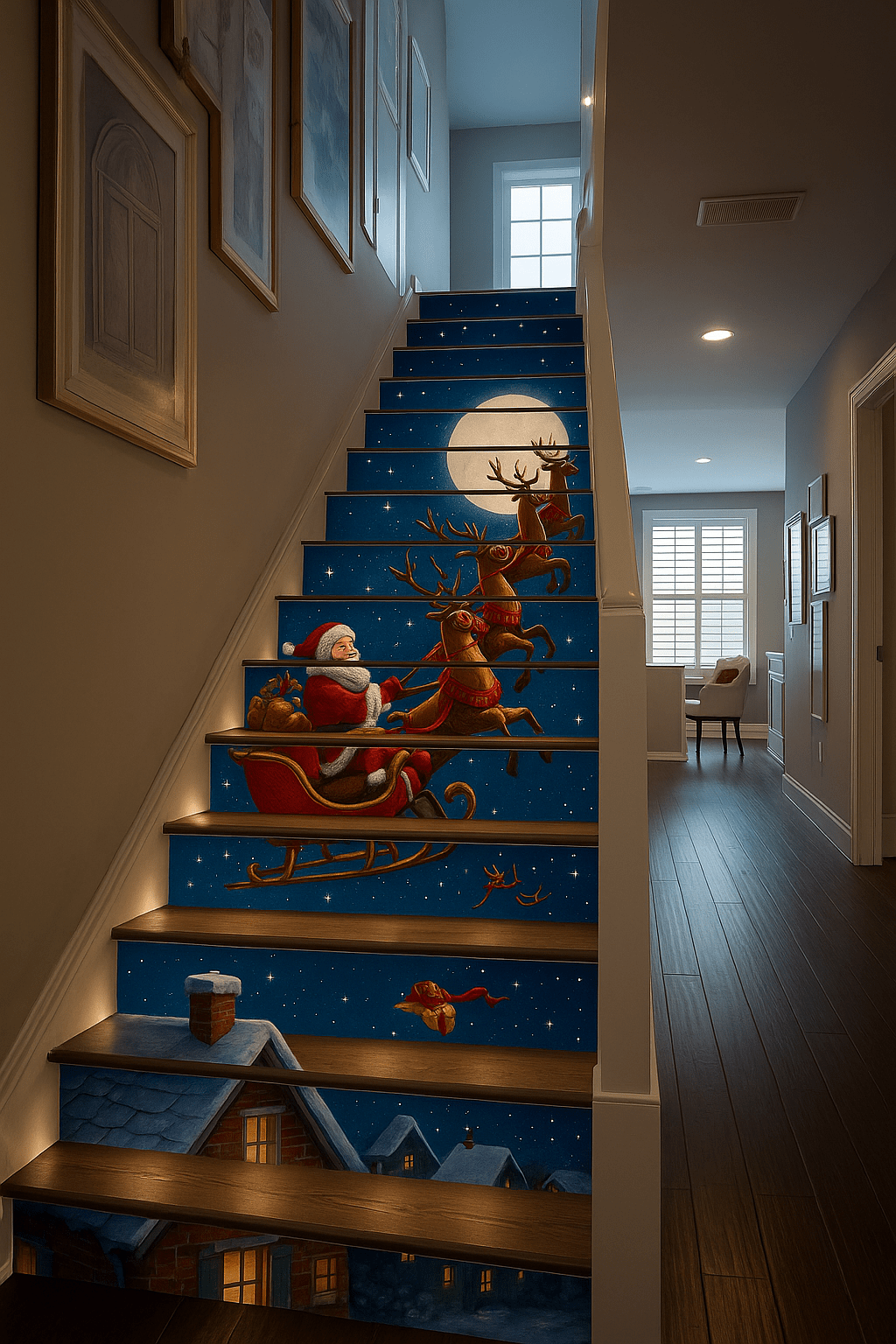 Santa sleigh ride Christmas staircase wall art with reindeer flying across stair steps