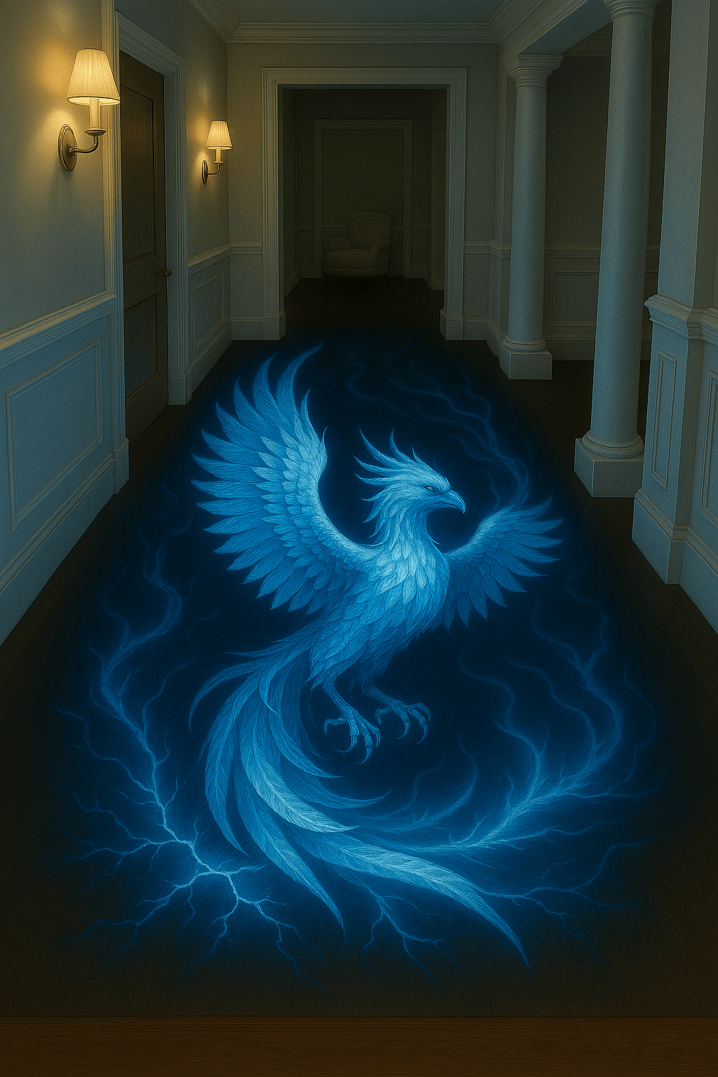 Blue phoenix floor art with lightning effects and icy tones in a luxury corridor