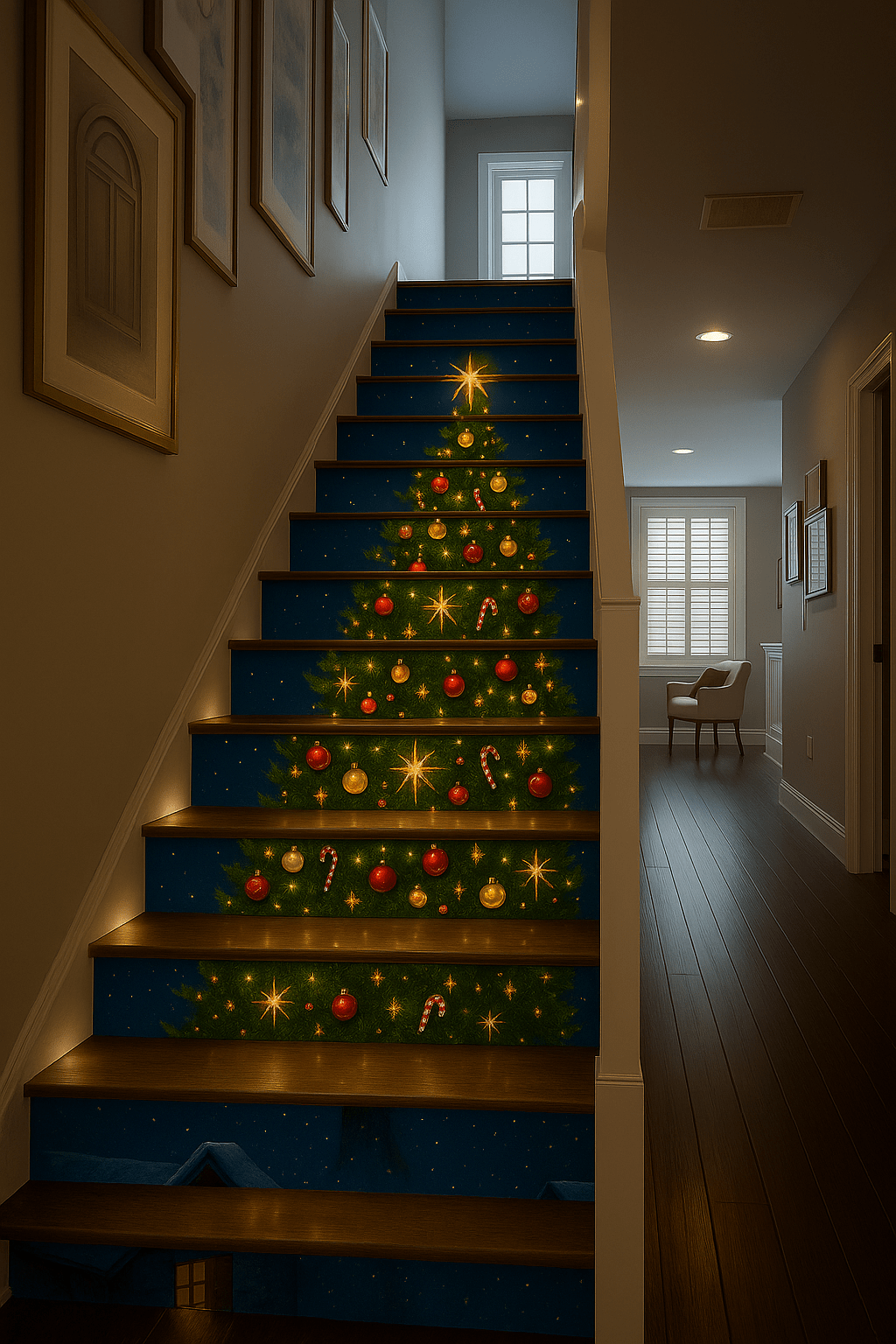 Christmas staircase wall art featuring a glowing decorated tree across stair risers