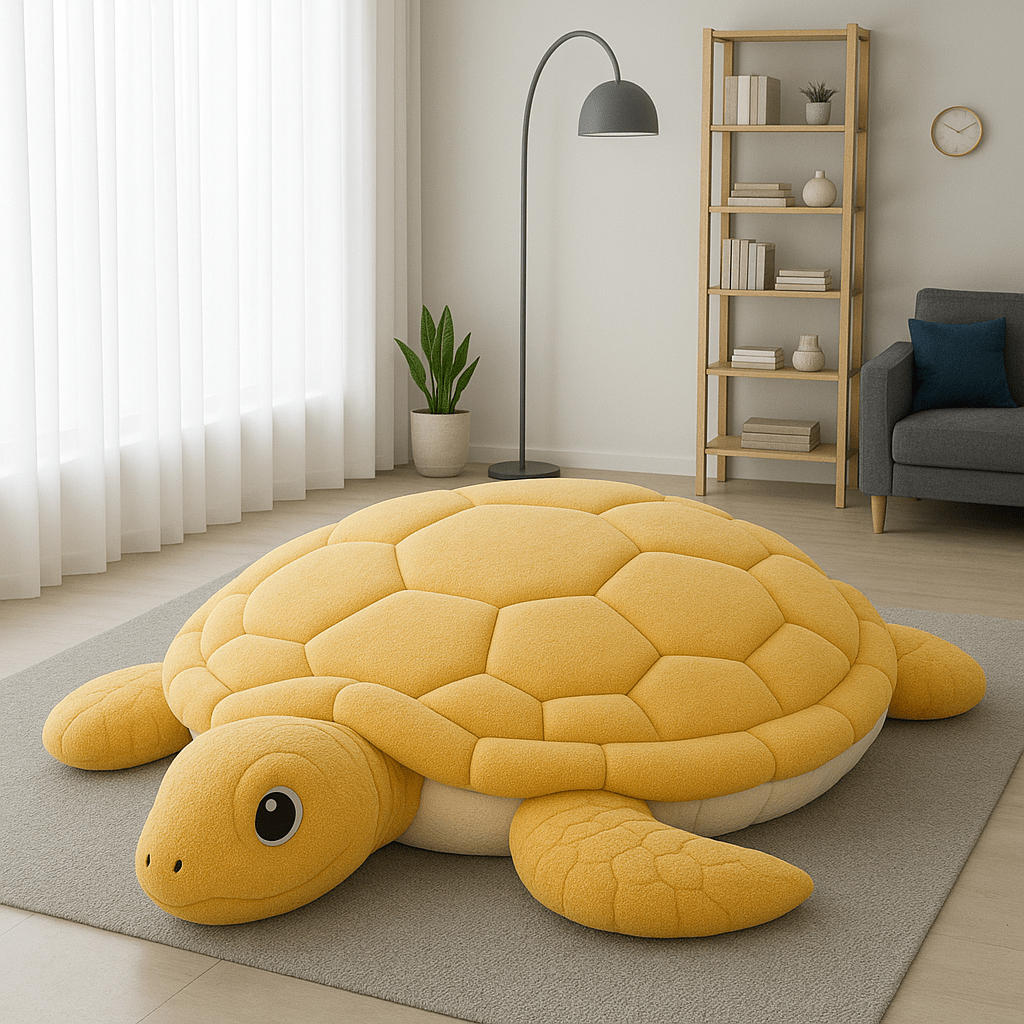 Yellow plush turtle floor cushion styled on a neutral rug