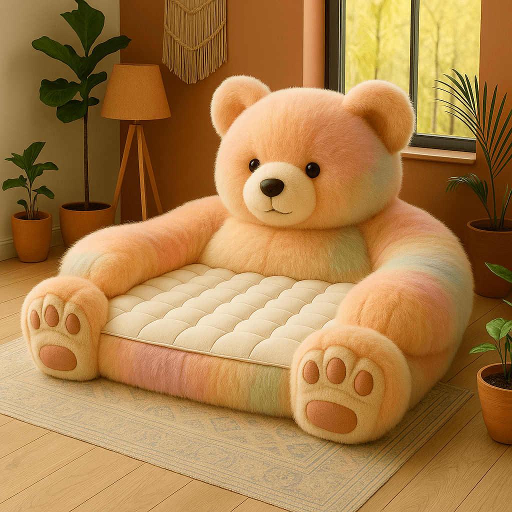 Oversized pastel teddy bear armchair with soft rainbow tones in a cosy interior