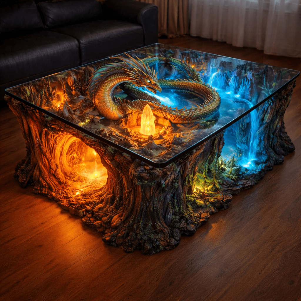 Dragon resin coffee table with glowing crystal centre and illuminated cavern base