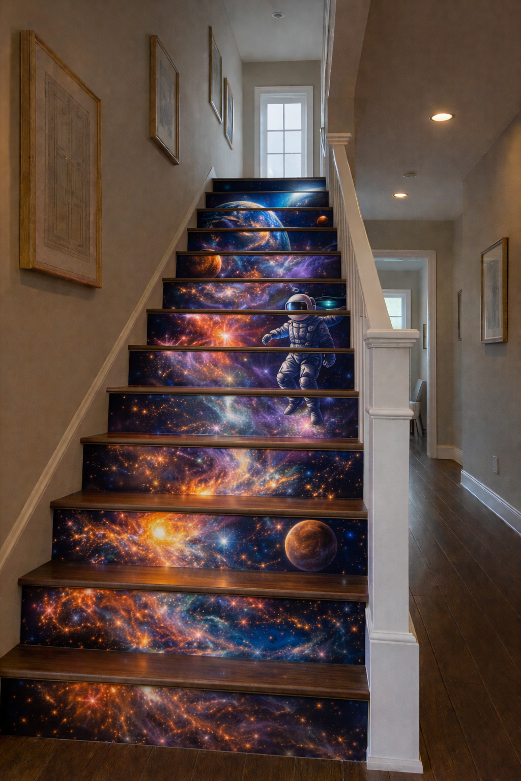 Galaxy staircase featuring floating astronaut surrounded by stars and cosmic clouds